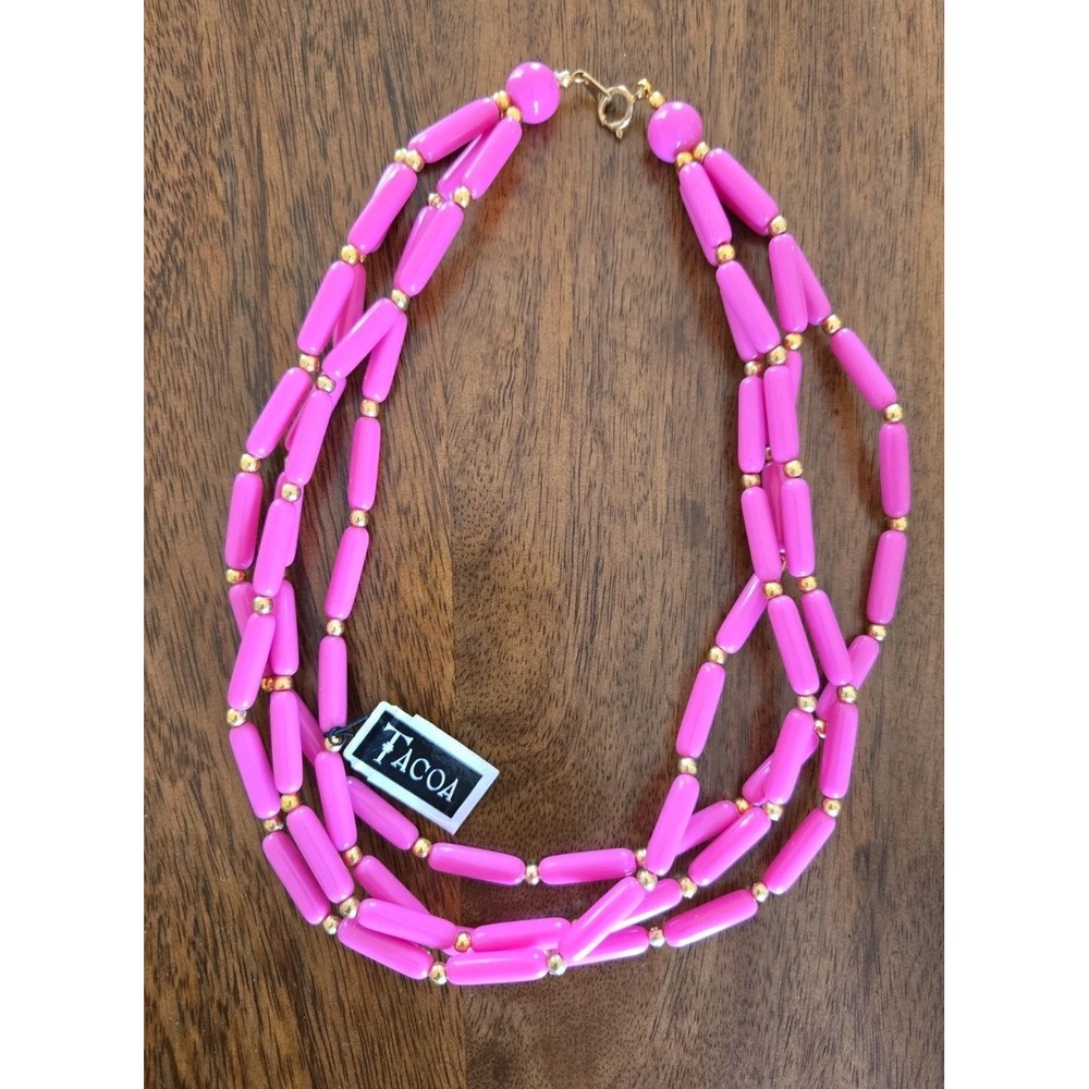 Vintage Tacoa Gold-Tone/Pink Four Strand Beaded 18" Necklace Retro Preppy NWT